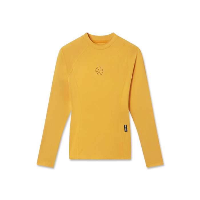 flatlay LYCRA® ADAPTIV baselayer longsleeve in amber, front view on dress form