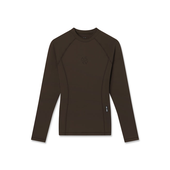 flatlay LYCRA® ADAPTIV baselayer longsleeve in dark earth, front view on model
