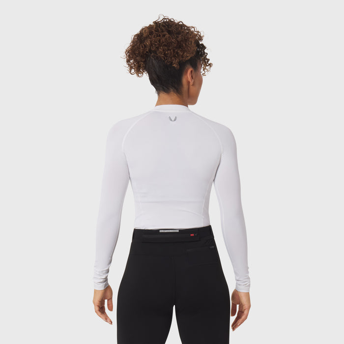 White LYCRA® ADAPTIV baselayer longsleeve worn with black leggings, back view
