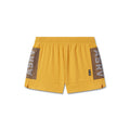 flatlay Tetra-Lite Adventure Short in amber yellow with brown side panels, front view