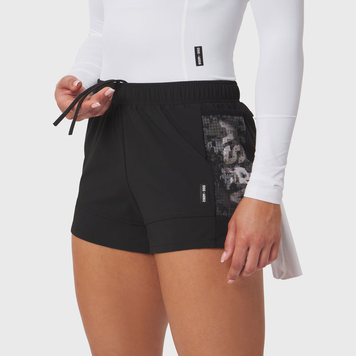 Tetra-Lite Adventure Short in black with mesh pocket detail, worn by model