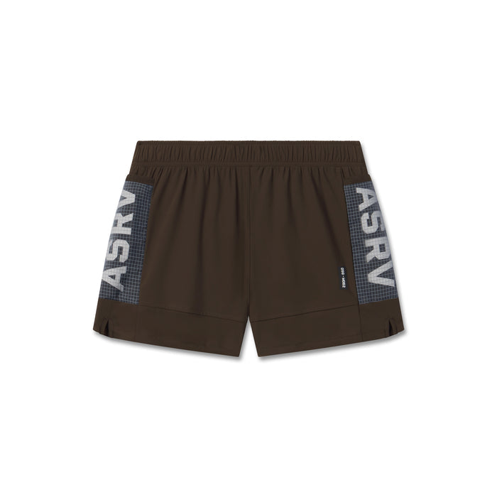 flatlay Tetra-Lite Adventure Short in Dark Earth with blue grid side panels, front view