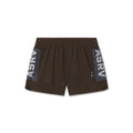 flatlay Tetra-Lite Adventure Short in Dark Earth with blue grid side panels, front view