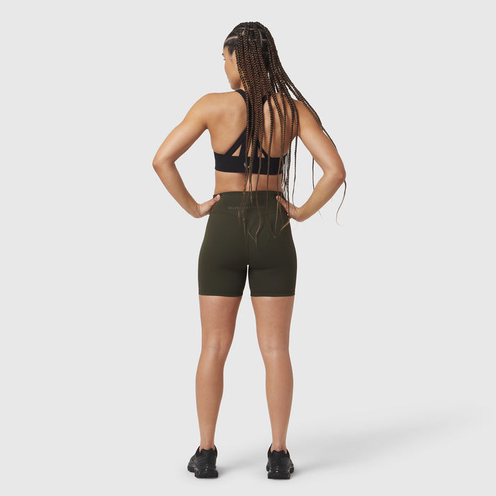 W064 LYCRA® ADAPTIV Biker Short in olive, model wearing back view