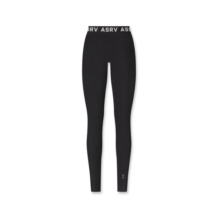 Flatlay of W071 Lycra Ribbed Legging in black with branded waistband, front view