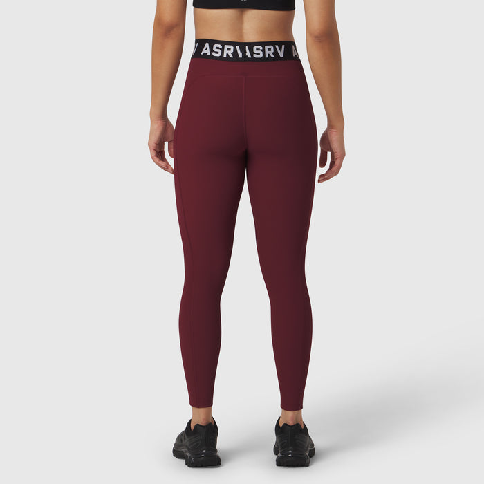 W071 Lycra Ribbed Legging in crimson, worn by model from waist down, back view
