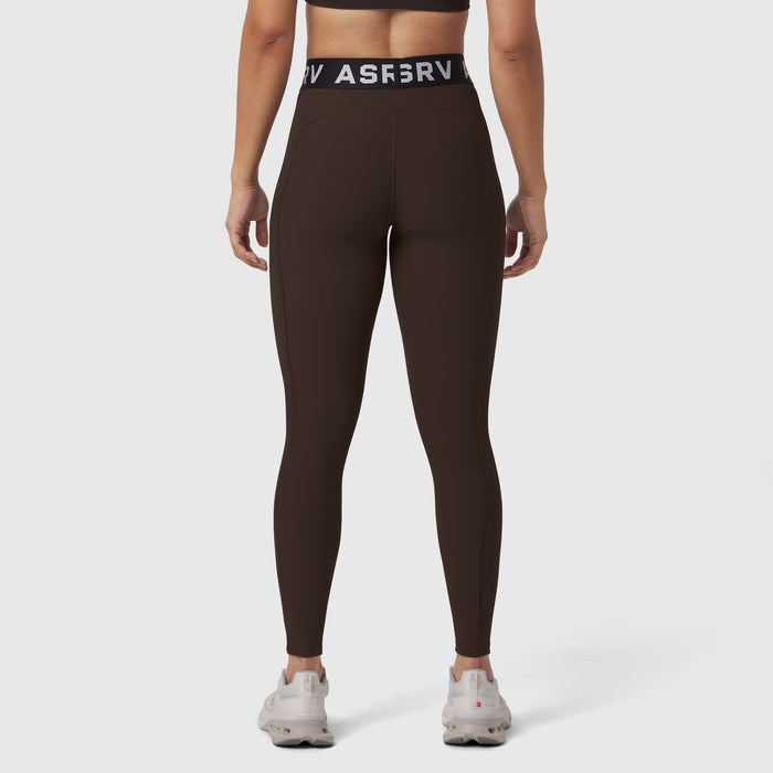 W071 Lycra Ribbed Legging in dark brown, worn by model from behind, showing fit and waistband detail