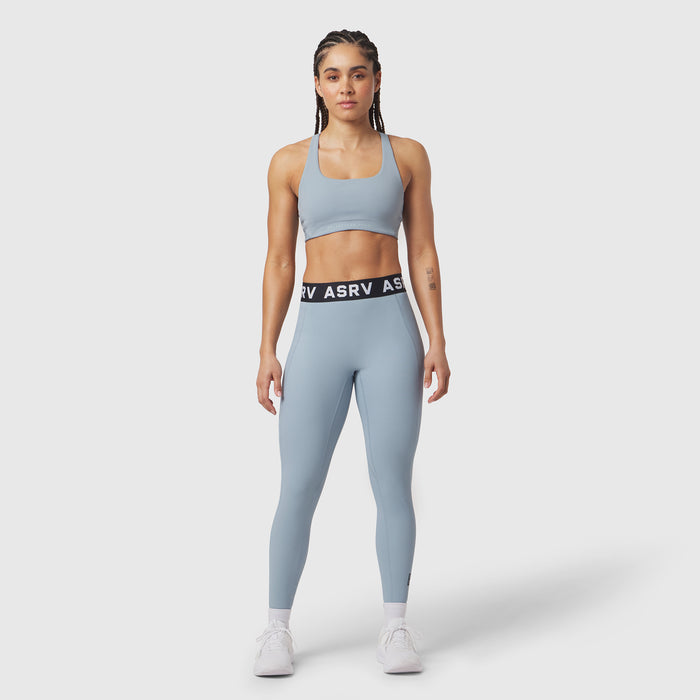 W071 Lycra Ribbed Legging in light sky, worn with matching sports bra