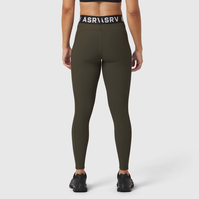 W071 Lycra Ribbed Legging in olive, rear view on model