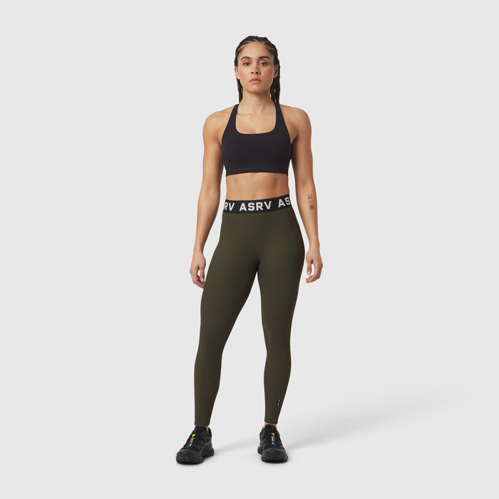 W071 Lycra Ribbed Legging in olive, worn by model standing facing camera