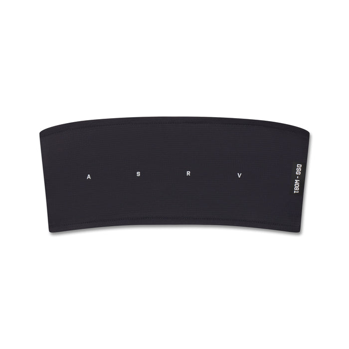 flatlay of W081 Ice-Skin Performance Headband in black, front view showing ASRV branding