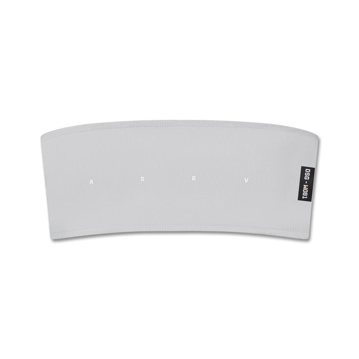 flatlay Ice-Skin Performance Headband in slate grey, front view showing ASRV branding