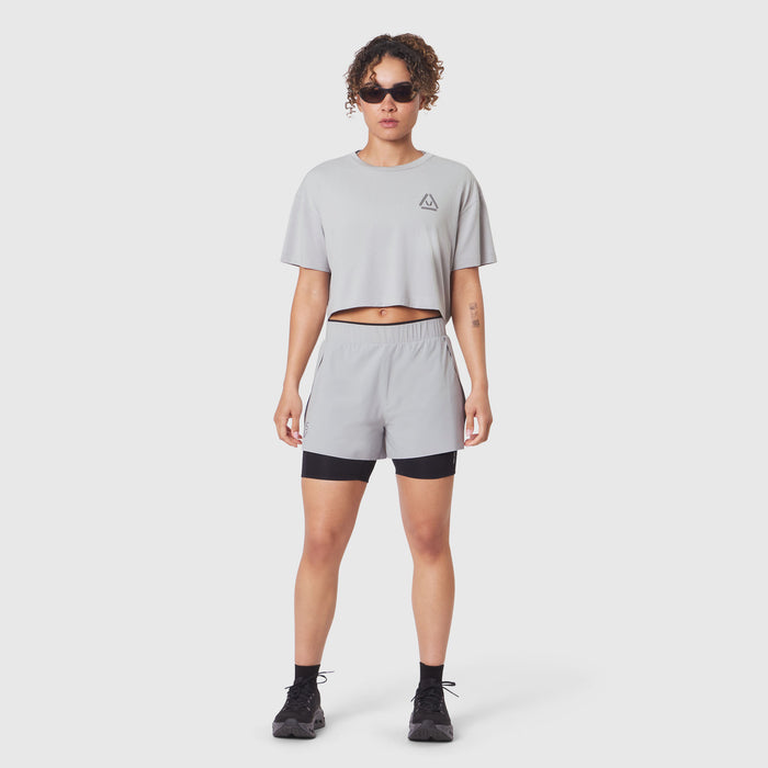 W082 Supima Ice-Skin Reversible Crop Tee in Slate Grey worn by model, front view