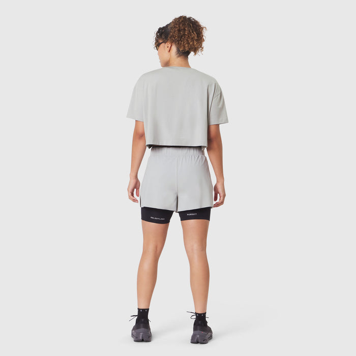 W082 Supima Ice-Skin Reversible Crop Tee in Slate Grey worn with matching shorts, back view