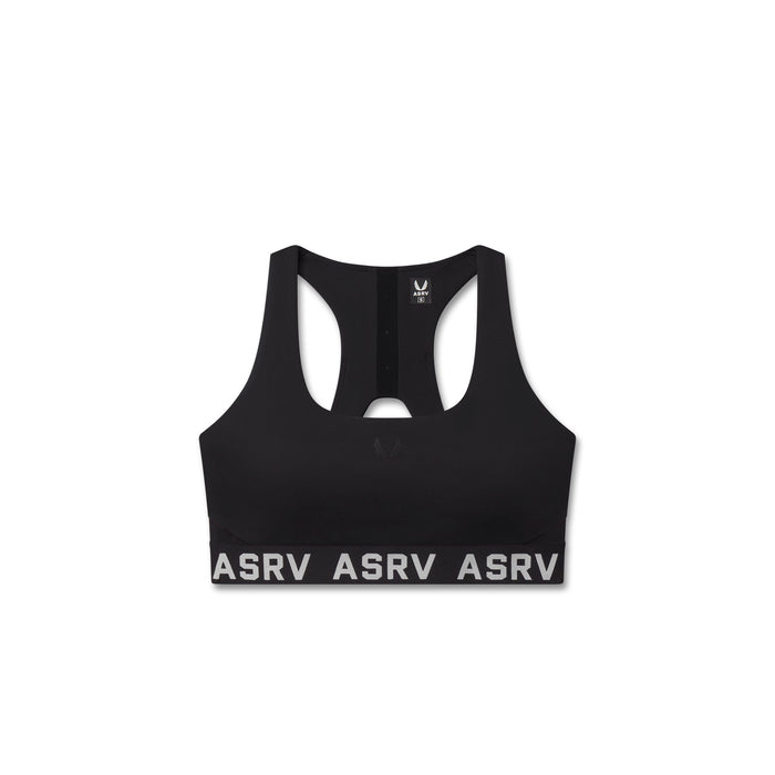 Flatlay LYCRA® ADAPTIV Racerback Sports Bra in black, front view
