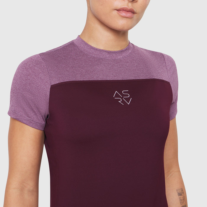 AEROSILVER® UPF50+ Run Tee in Merlot and mauve, worn by model, front view