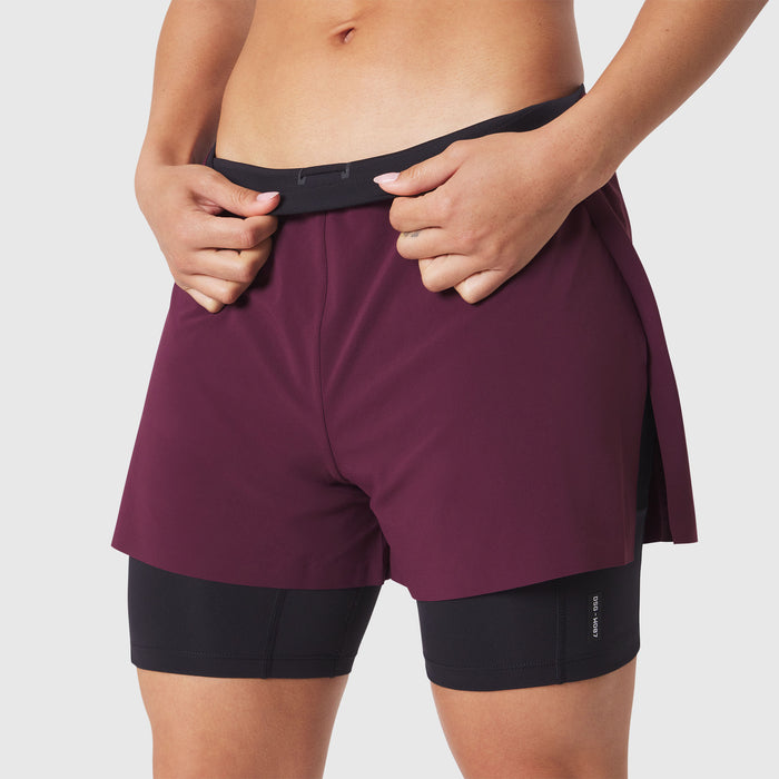 W087 Aerotex Side Split Liner Short in merlot, worn by model, front view