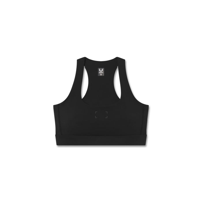 Flatlay W096 LYCRA® ADAPTIV Racerback Sports Bra in black, front view