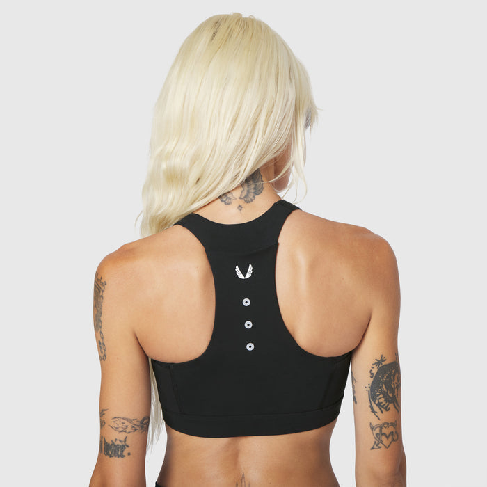 W096 LYCRA® ADAPTIV Racerback Sports Bra in black, back view on model