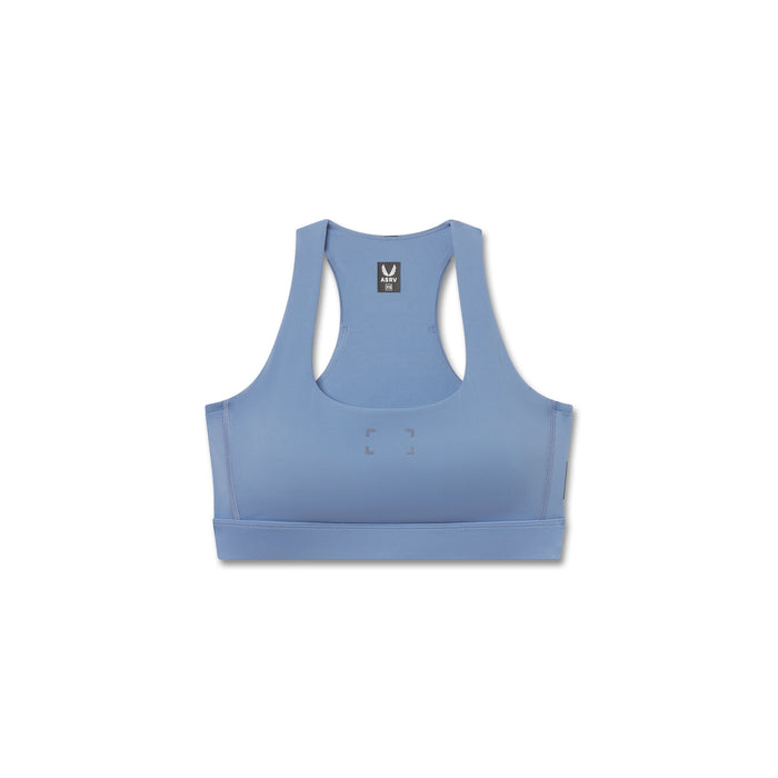 Flatlay W096 LYCRA® ADAPTIV racerback sports bra in slate blue, front view