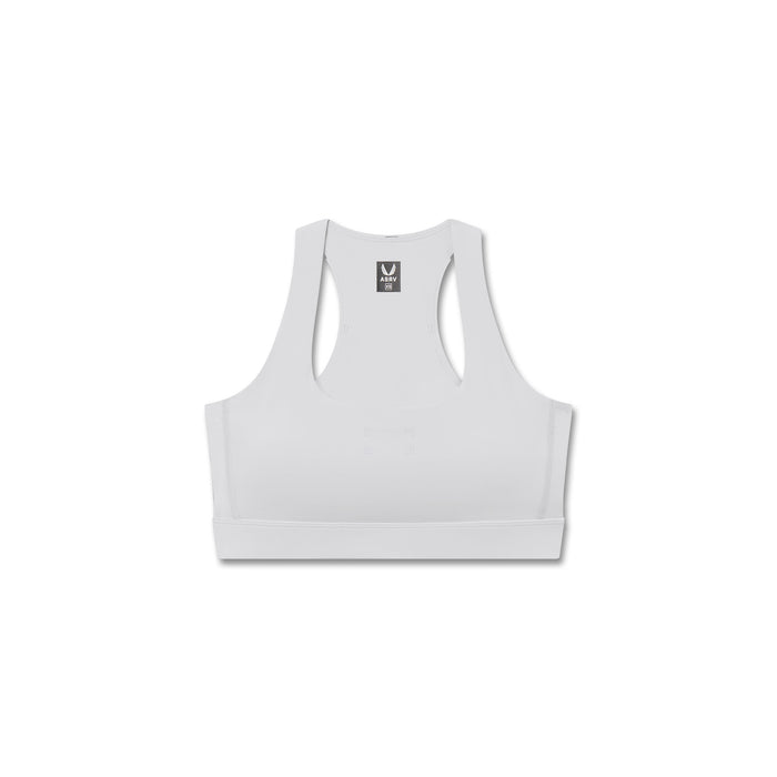 Flatlay W096 LYCRA® ADAPTIV Racerback Sports Bra in slate grey, front view