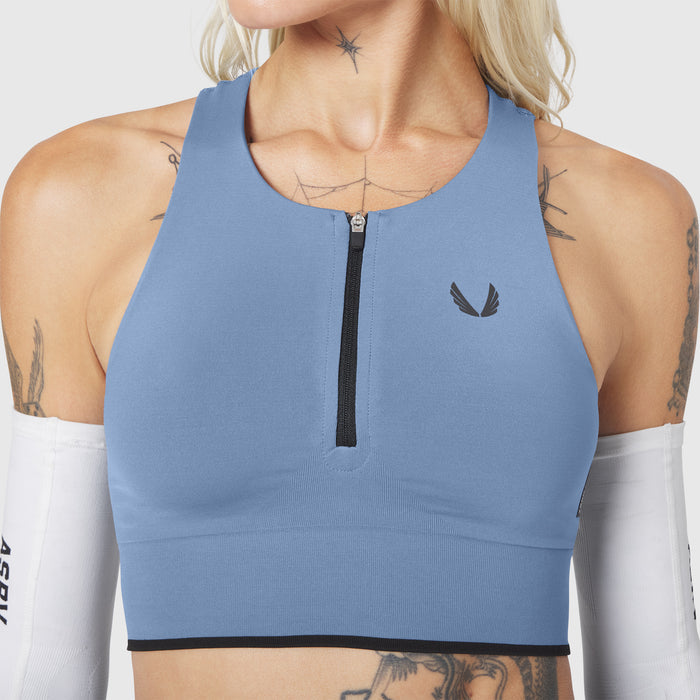 W097 LYCRA® ADAPTIV Seamless Zip Bra in Slate Blue, front view on model