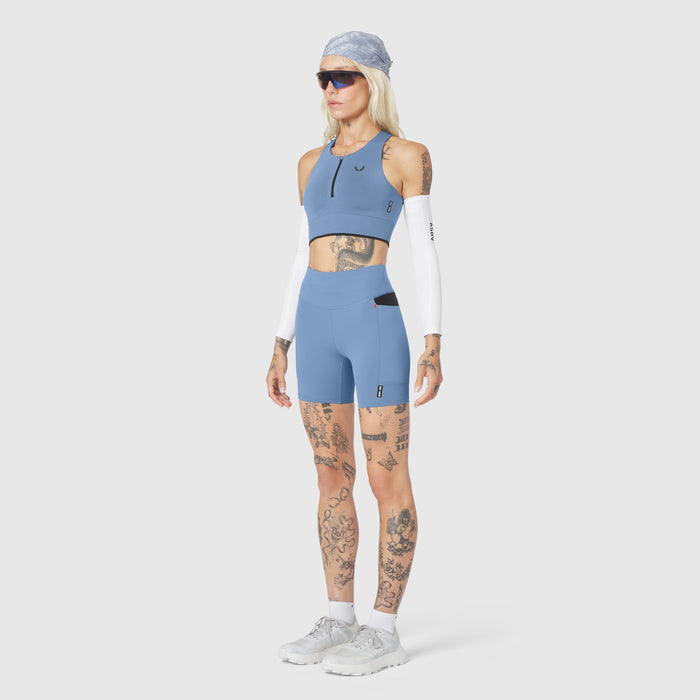 W097 LYCRA® ADAPTIV Seamless Zip Bra in slate blue, worn by model, front view