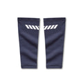 flatlay WarpFlexx® Calf Sleeves in navy with white diagonal stripe detail, front and back view