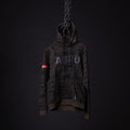 WN'19 RainPlus® Hoodie in black camo, displayed on invisible form against dark background