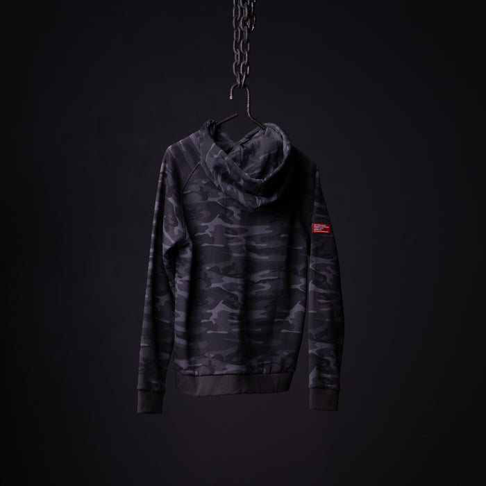 WN'19 RainPlus® Hoodie in black camo, displayed on hanger against dark background