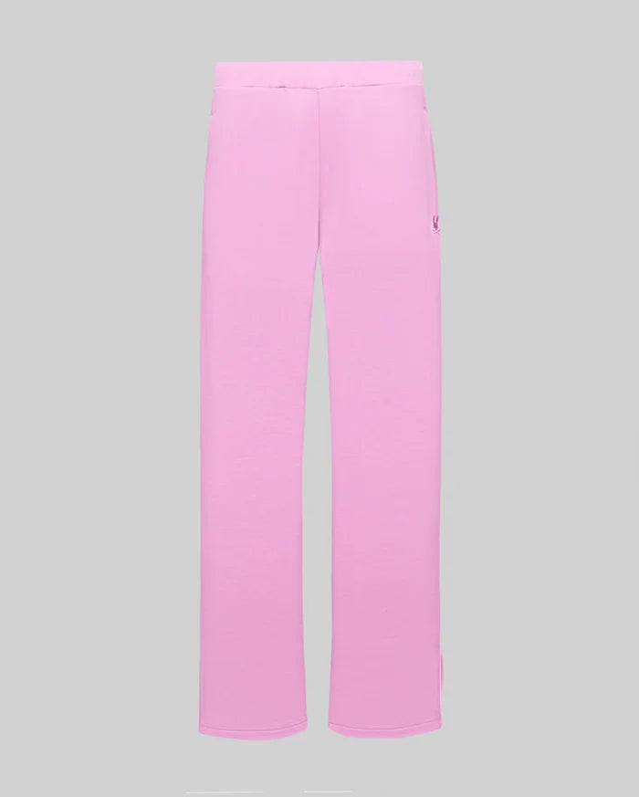 Womens Daisie Fleece Joggers in pink, featuring a relaxed straight-leg fit, soft fleece texture, and a small embroidered dark pink Psycho Bunny skull logo on the upper left thigh, with subtle side slits at the hem.