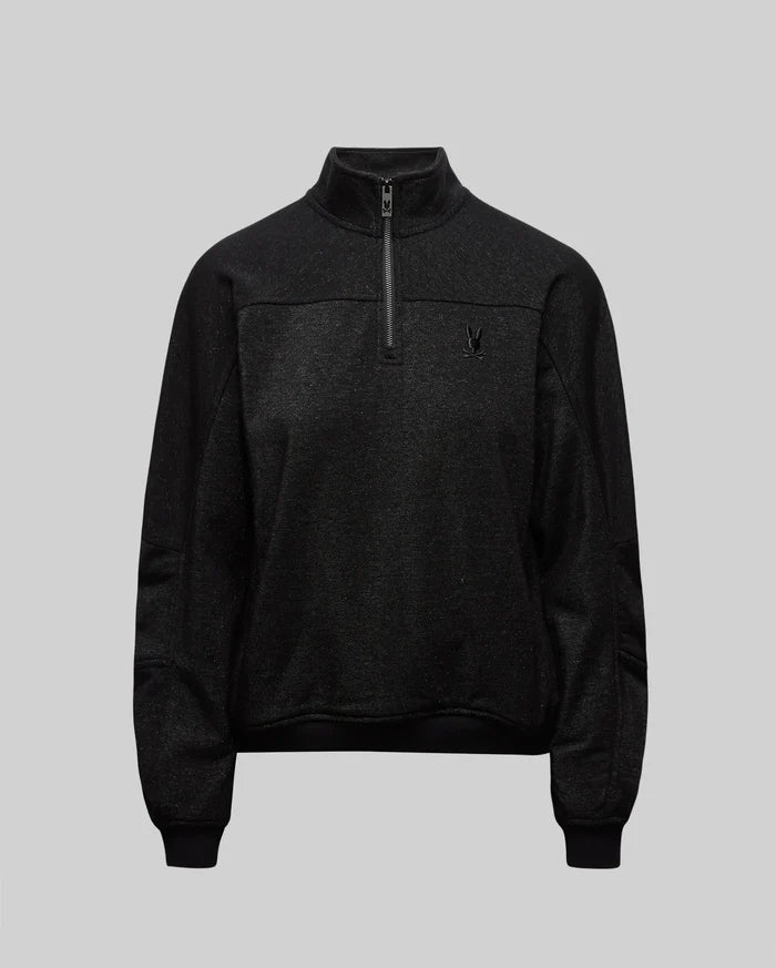 Womens Jules Lurex 1/4 Zip Pullover in black lurex knit, featuring a relaxed, cropped fit, mock neck, 1/4 zip with bunny skull pull, and a small tonal embroidered Psycho Bunny logo on the left chest.
