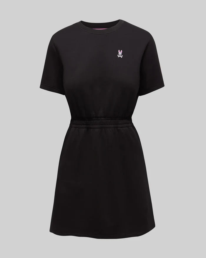 Womens Penelope Dress, black jersey knit with a relaxed fit, features a small pink embroidered Psycho Bunny skull logo on the left chest and an elasticated waist.