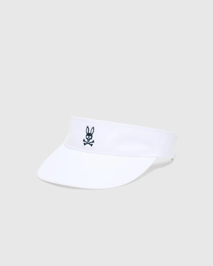 White Women's Sport Visor featuring a prominent, embroidered dark blue Psycho Bunny skull logo centered on the front, crafted from a smooth, durable fabric.