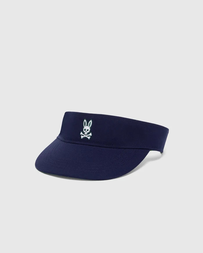 Women's Sport Visor in navy blue, featuring a prominent embroidered white and light blue Psycho Bunny skull logo on the front left, with a subtle green underside brim.