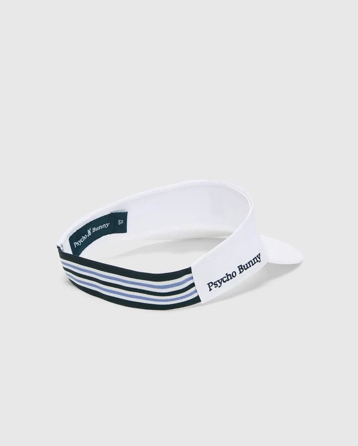 Women's Sport Visor in white, featuring a black and light blue striped elastic strap, an embroidered Psycho Bunny text logo on the side, and a small skull logo on the inner tag.