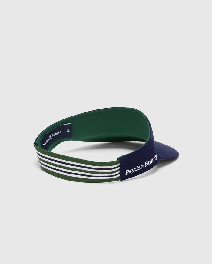 Women's Sport Visor in navy with a green brim underside, featuring a green, navy, and white striped elastic band and white embroidered Psycho Bunny text on the back strap.