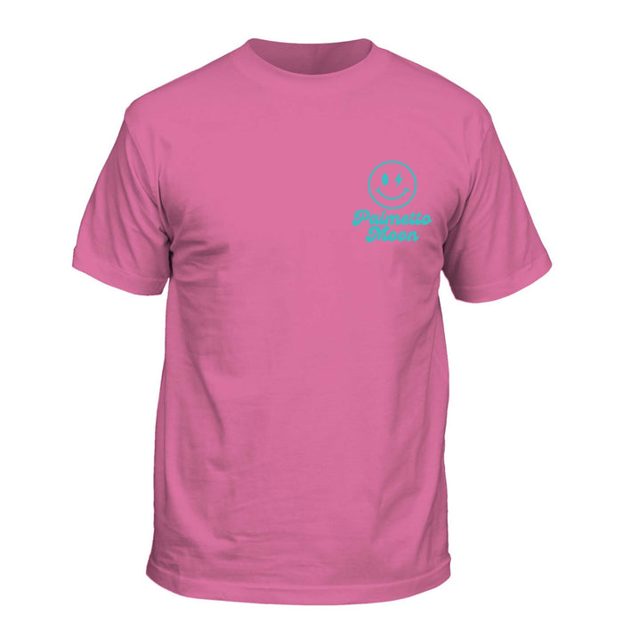 Palmetto Moon Happy Day 2 short sleeve t-shirt, color pink. Front of features a teal smiley face and logo on the left chest. Youth sizes S-XL. 100% cotton.