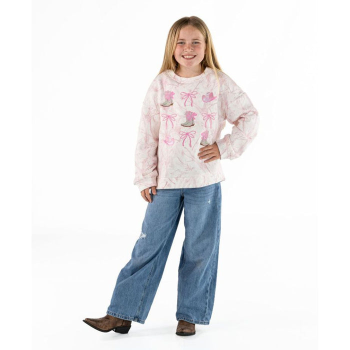Youth Pink Camo Western Icons Crewneck Sweatshirt